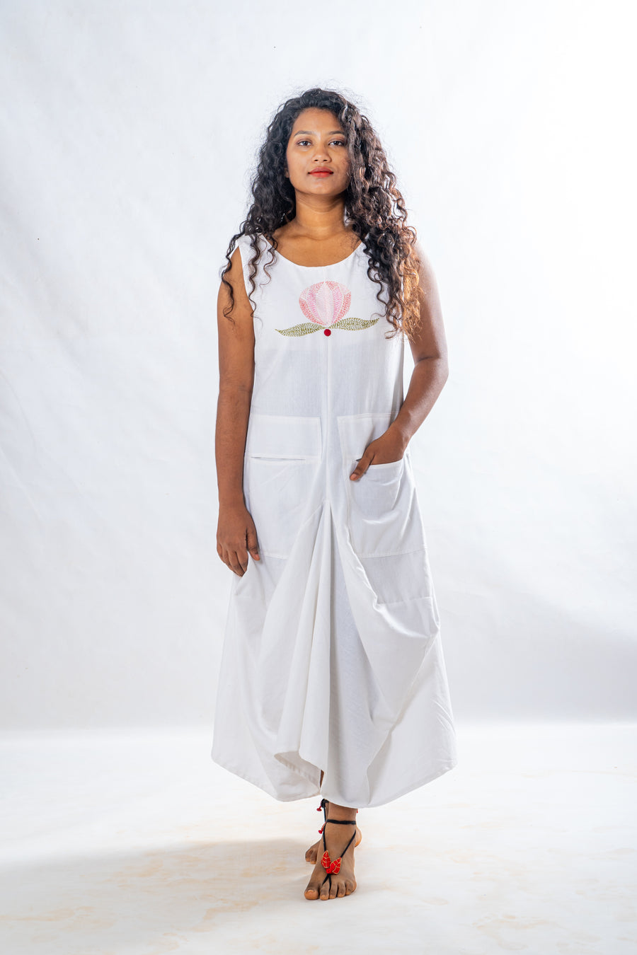 Briglo- Lotus embroidered white cotton dress
