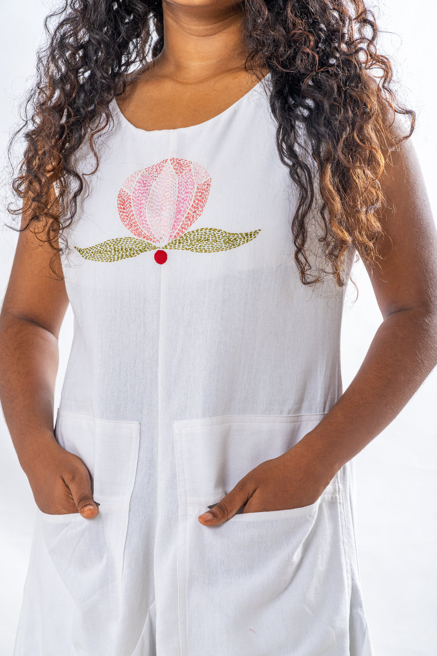 Briglo- Lotus embroidered white cotton dress