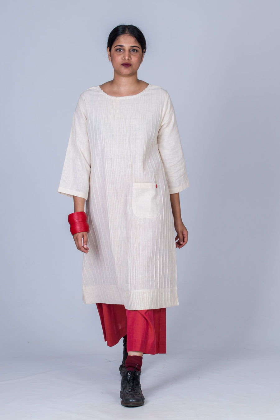 Off  White Desi Cotton Pintuck Dress - PARINA - Upasana Design Studio