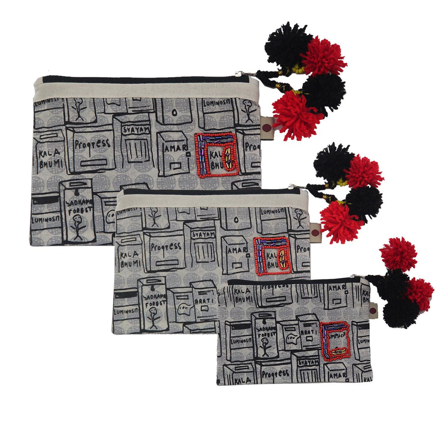 Organic Cotton Doodle Pouch with hand-emboidery - COMMUNITA - Upasana Design Studio
