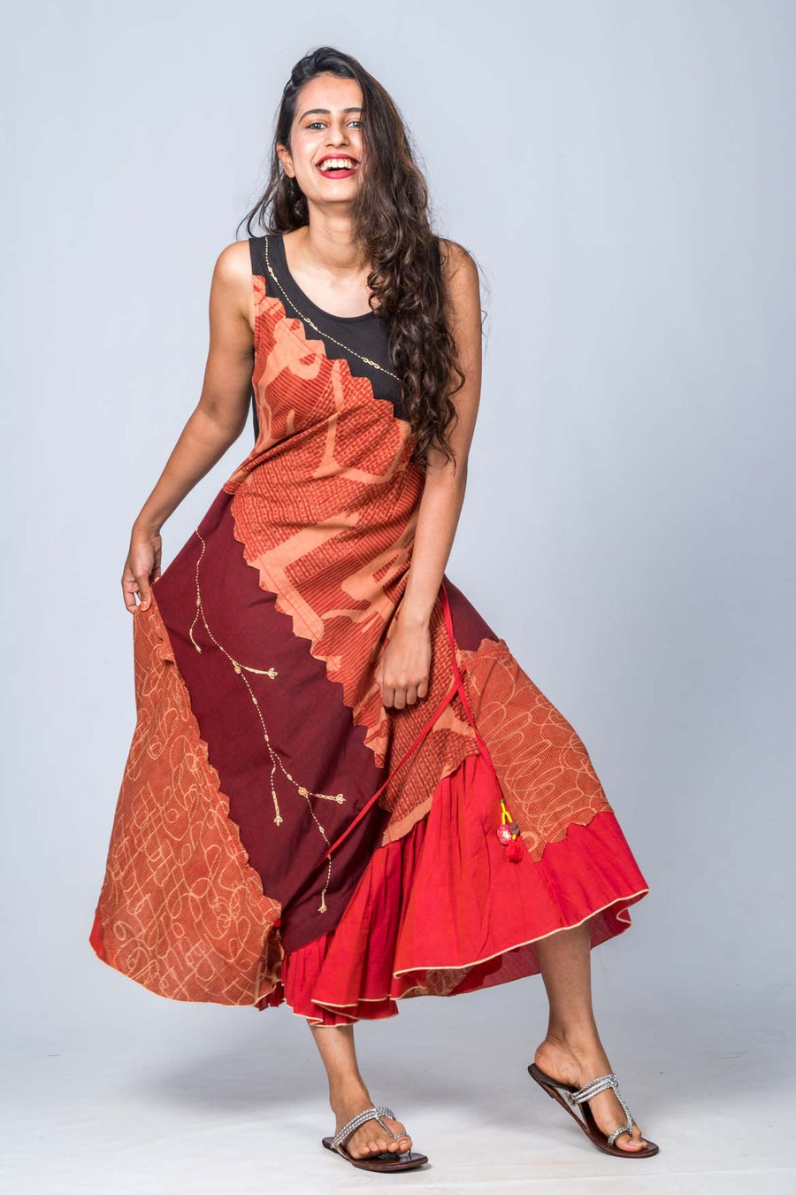 Aarnavi- Organic Cotton Upcycled Maroon and Rust Dress