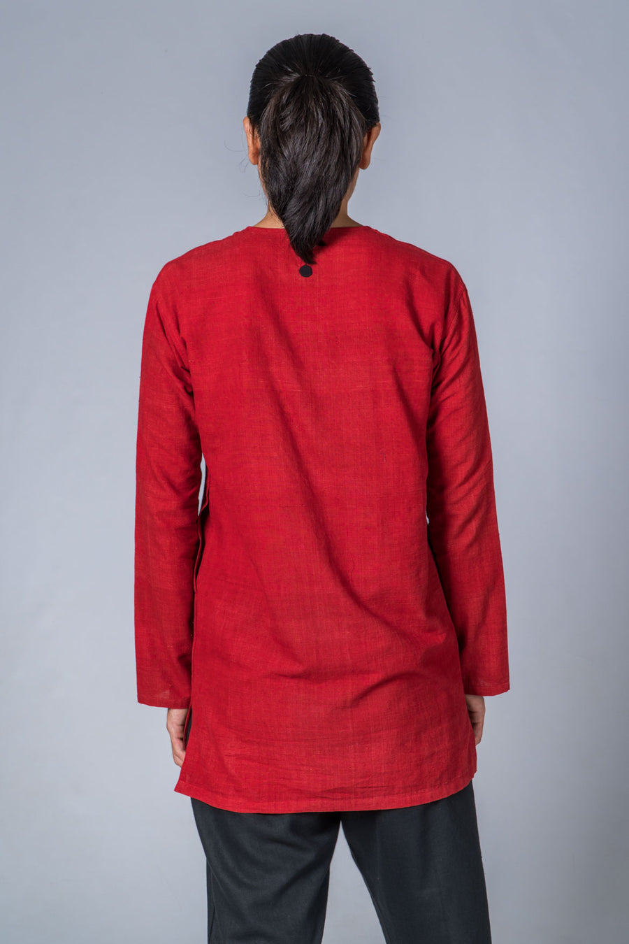 Red Handwoven Kurta With Pockets - HEM - Upasana Design Studio