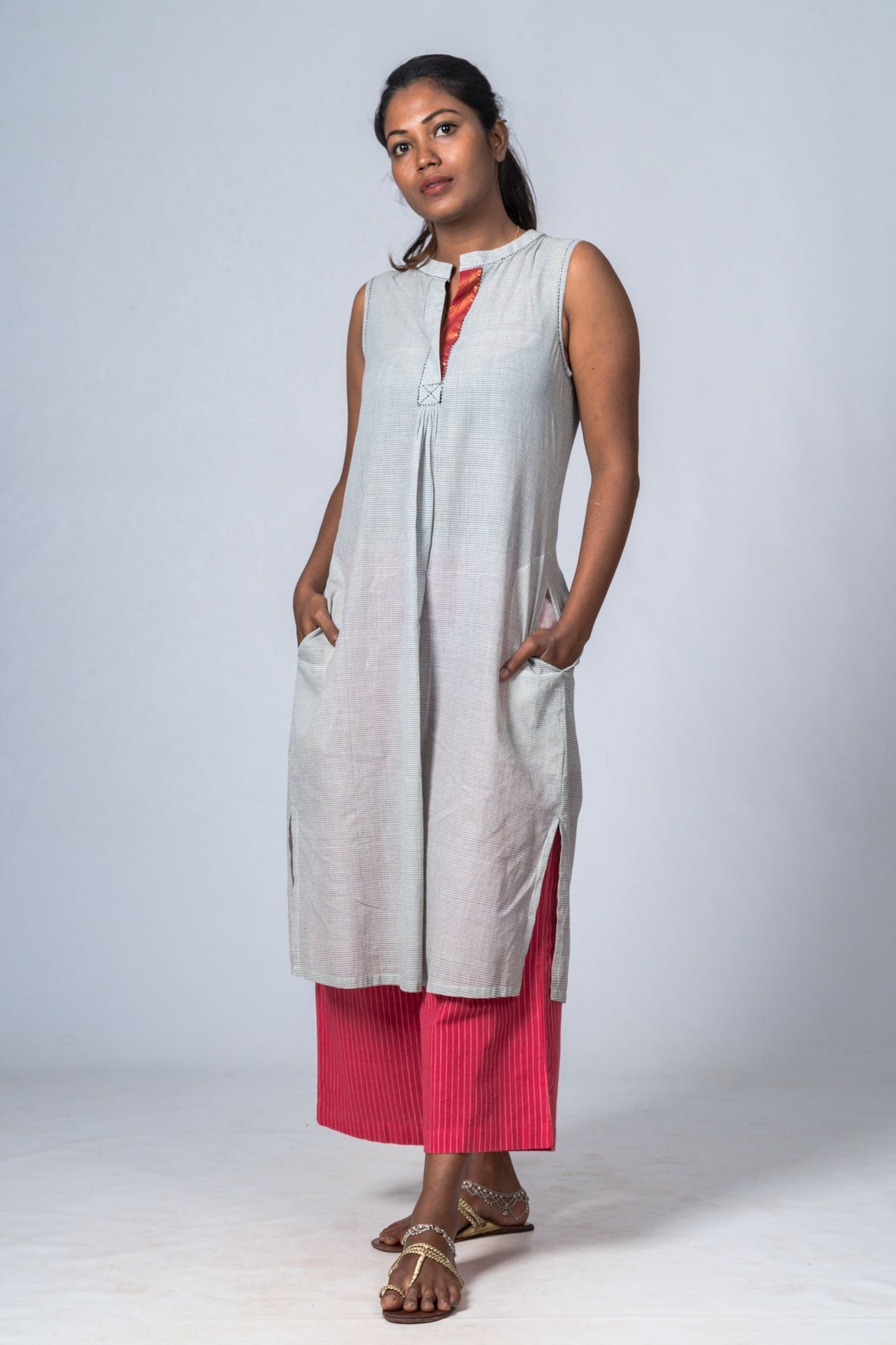 Off White Checked Dress with Nila Pant RAGA SET Upasana Auroville
