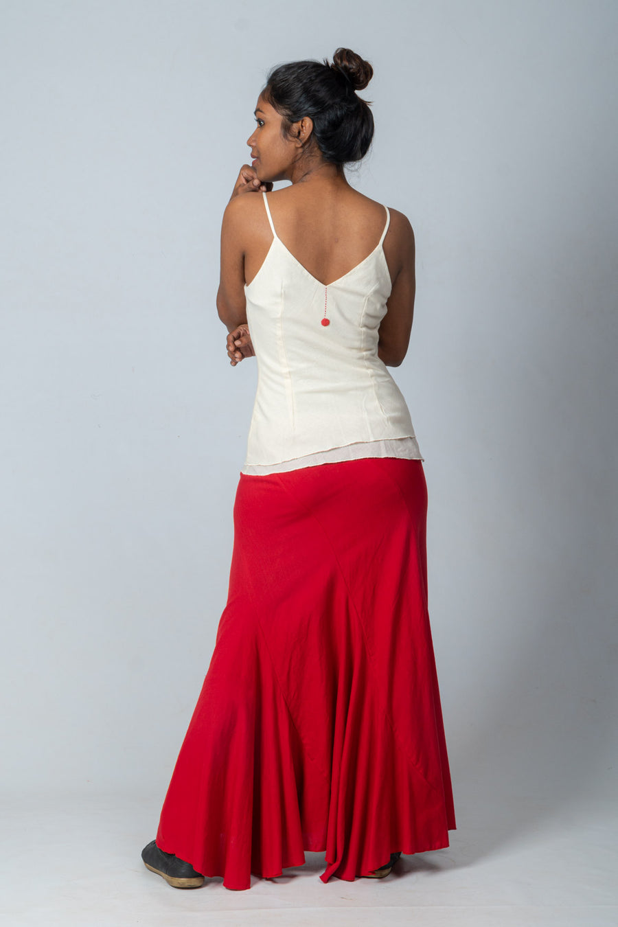 Off White Organic Cotton Top with Red Kakoli Skirt - VOW SET