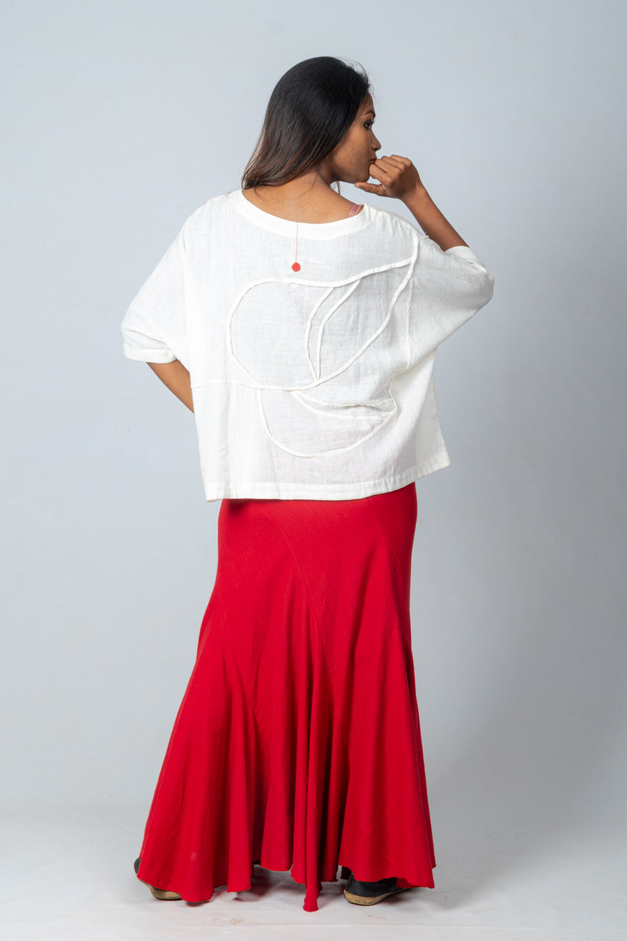 Off White Organic Cotton Top with Red Kakoli Skirt- AIRAA SET
