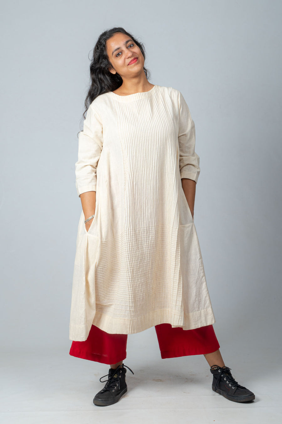 Off white Organic Pintuck Cotton top with Red Pants - SAYALI SET