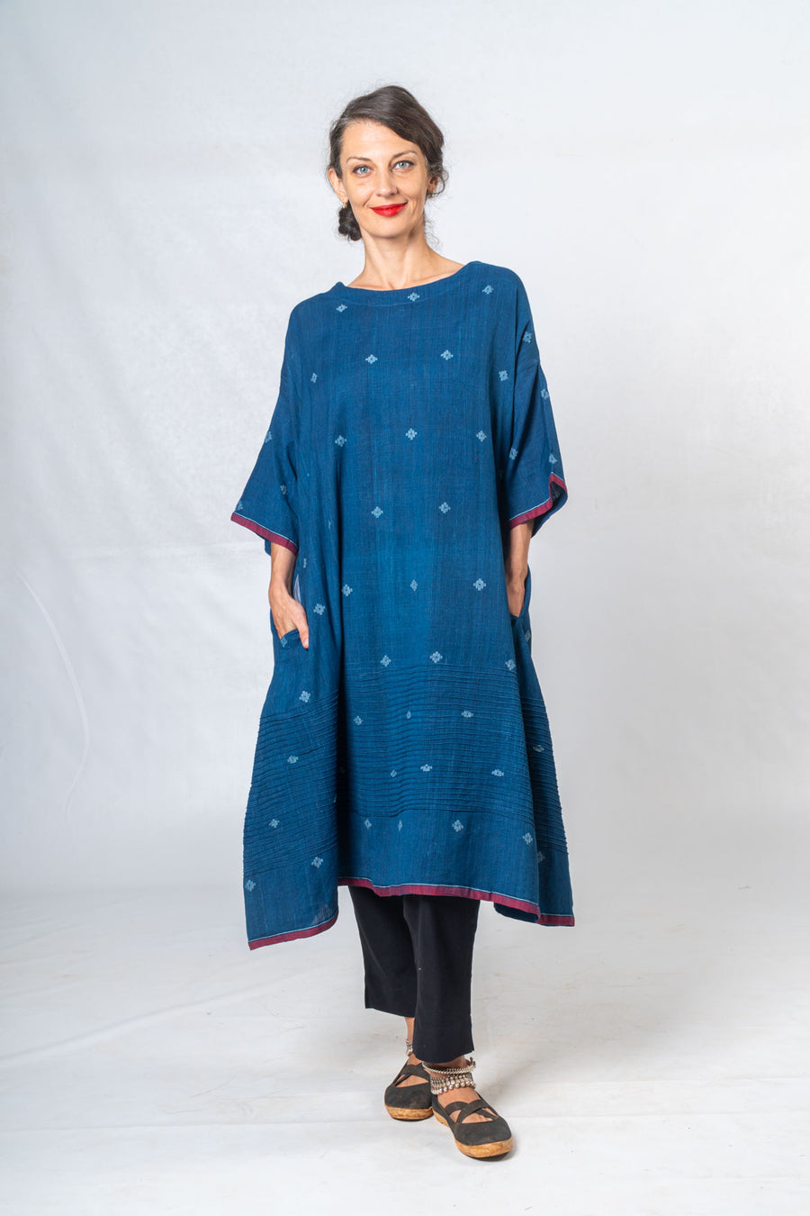 Handwoven Khadi Jamdani Indigo Dress- KARL
