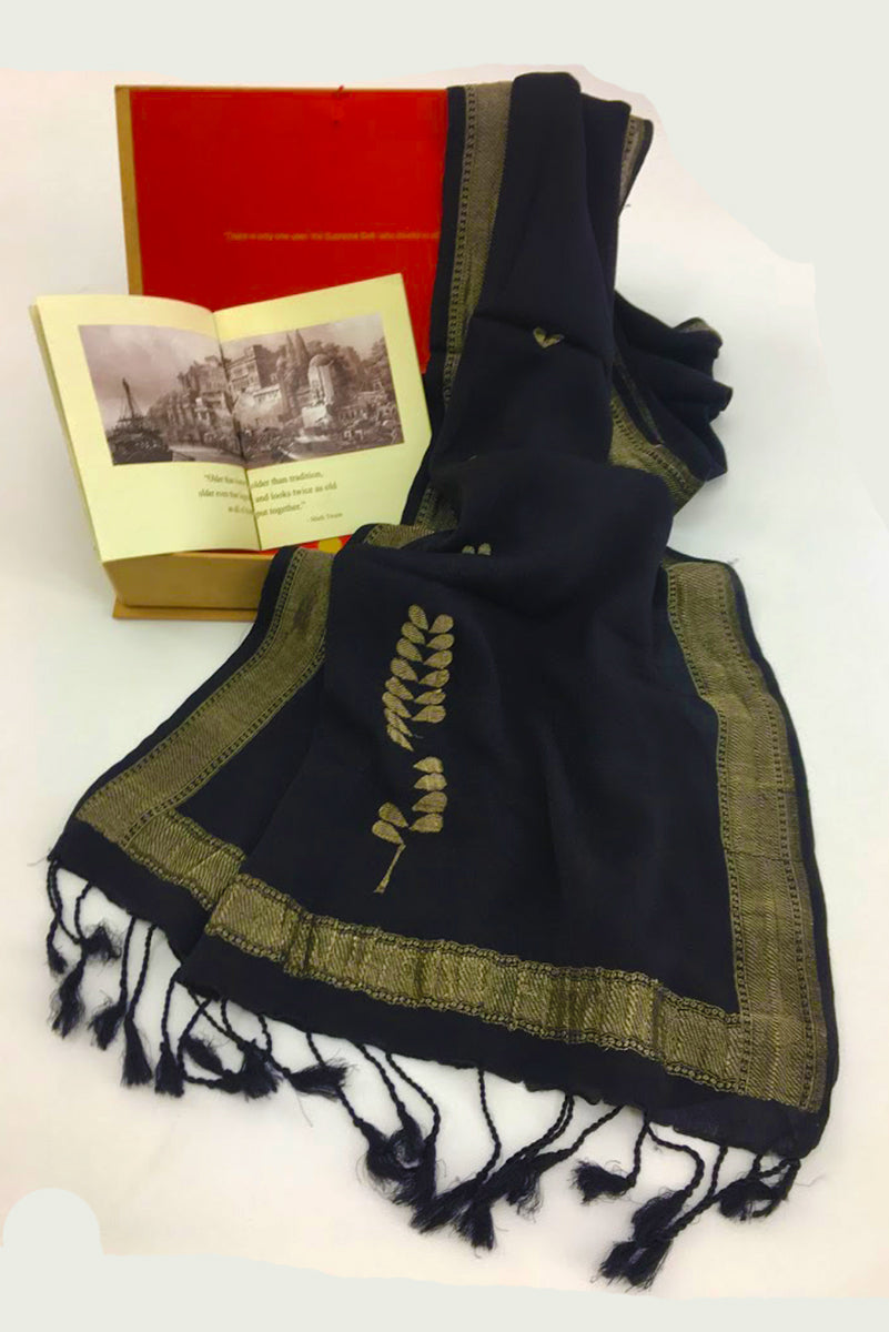 Black and Gold Varanasi Silk Scarf Gift Box