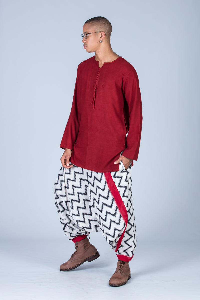 Red Handwoven Kurta With Pockets And Turkish Trousers  - HEM SET