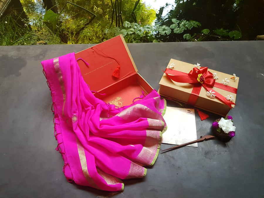 Pink and Gold Varanasi Silk Scarf Gift Box - Upasana Design Studio