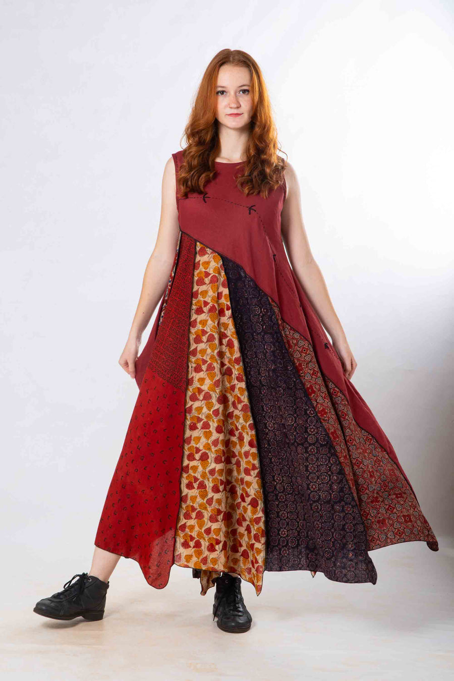 Red Panelled Craft Sleeveless Dress