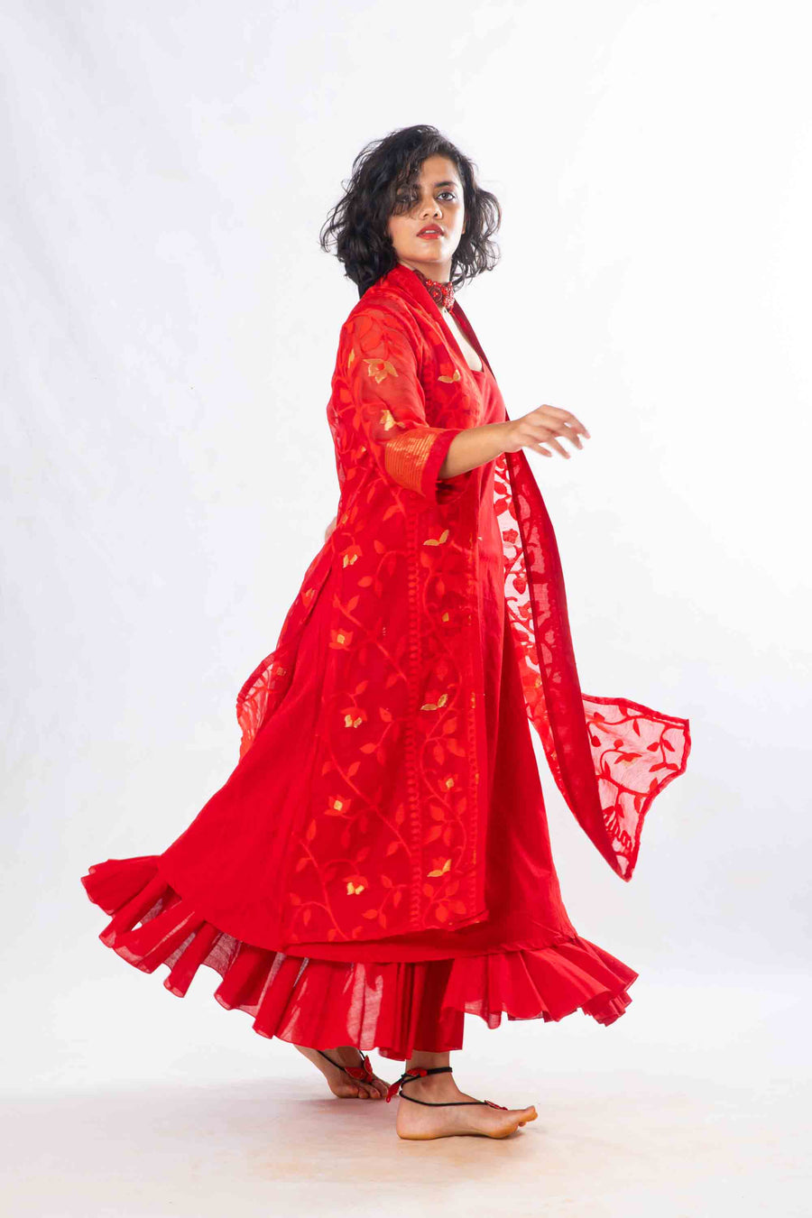Set of 2- Devashree Red Jamdani Jacket & Dress