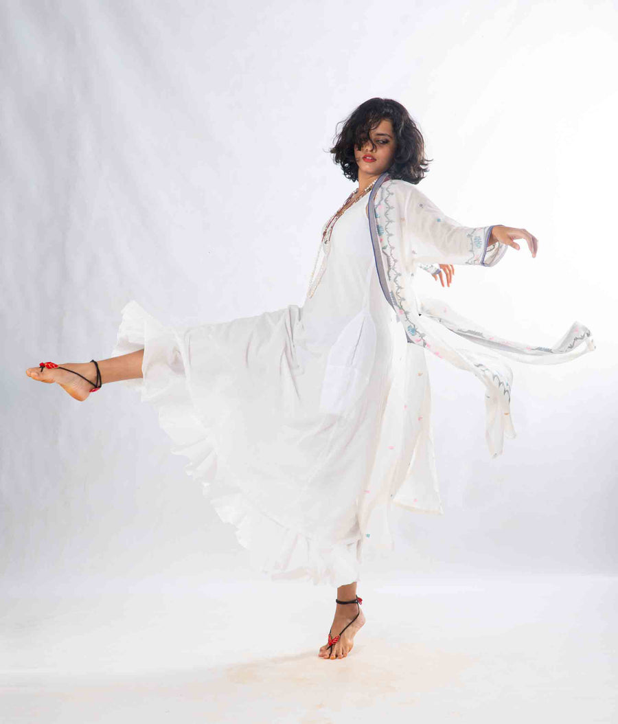Set of 2- Devashree White Jamdani Jacket & Dress