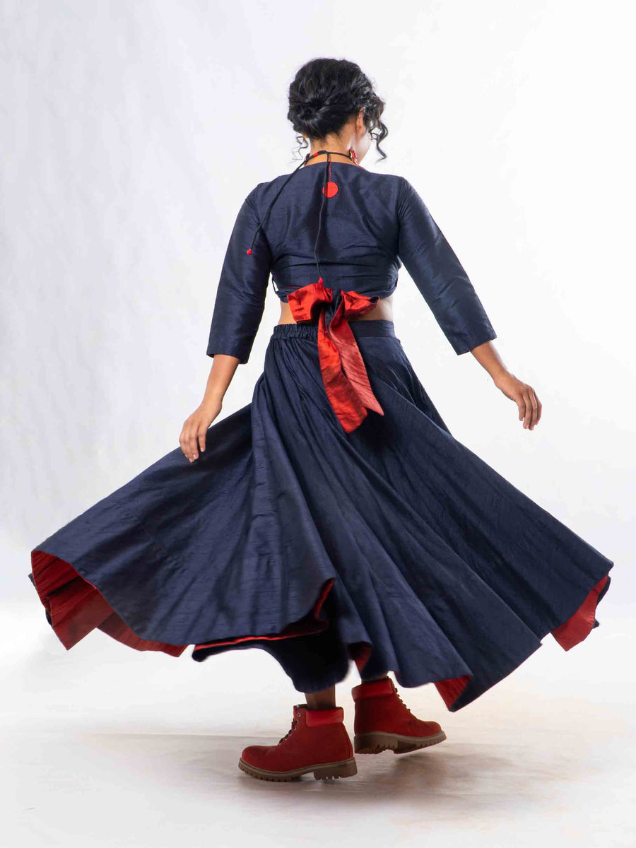 Set of 2- Royal Upasana Navy Blue Silk Skirt & Blouse