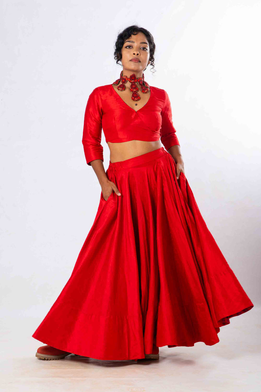 Set of 2- Royal Upasana Red Silk Skirt & Blouse