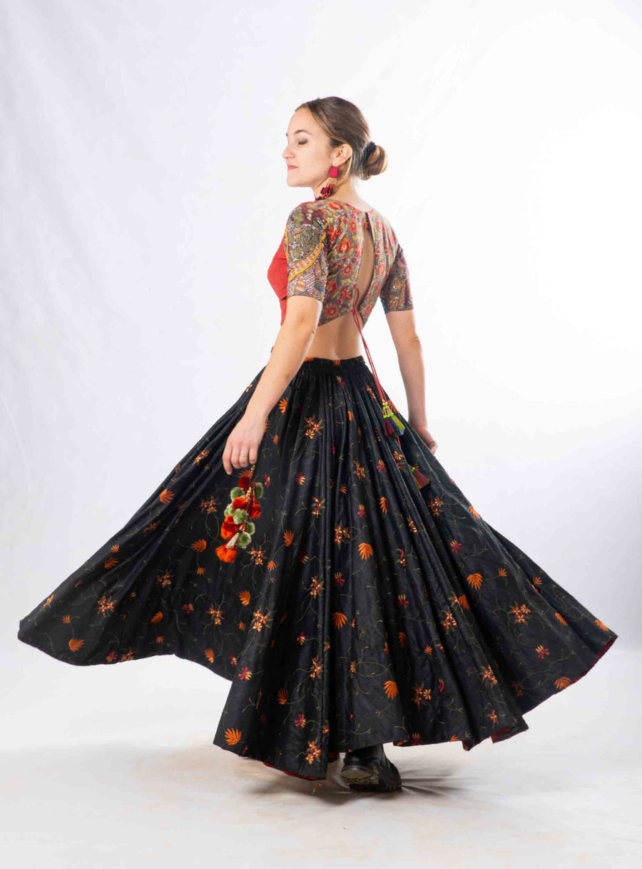 Set of 2- Gowri Silk embroidered skirt & kalamkari Blouse