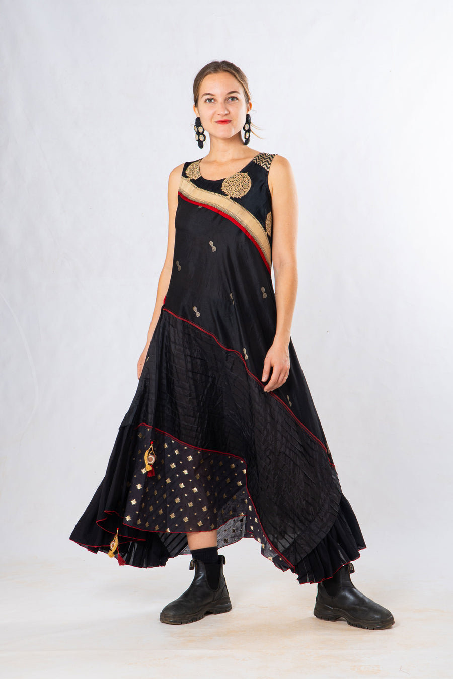 Black Silk Panelled Craft Sleeveless Dress