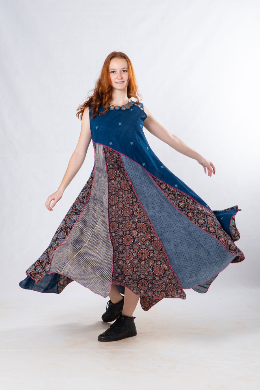 Indigo Panelled Craft Sleeveless Dress