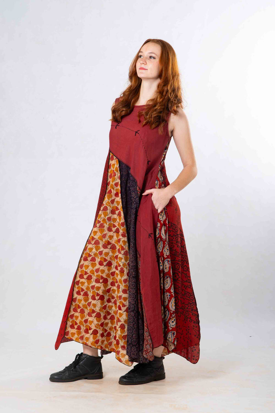 Red Panelled Craft Sleeveless Dress