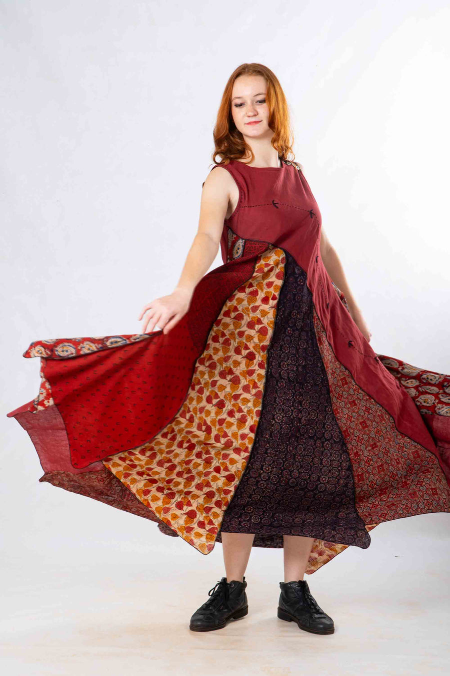 Red Panelled Craft Sleeveless Dress