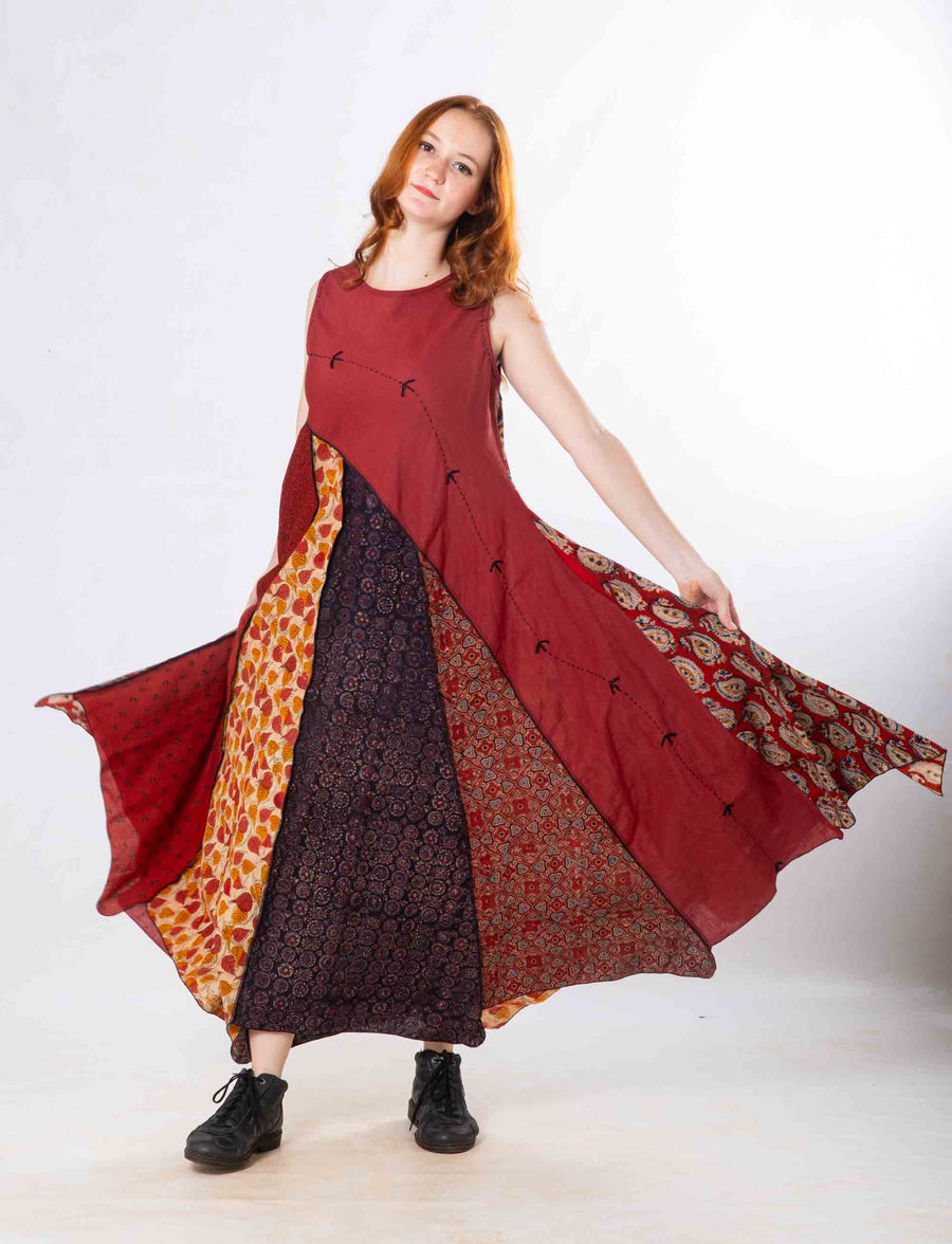 Red Panelled Craft Sleeveless Dress