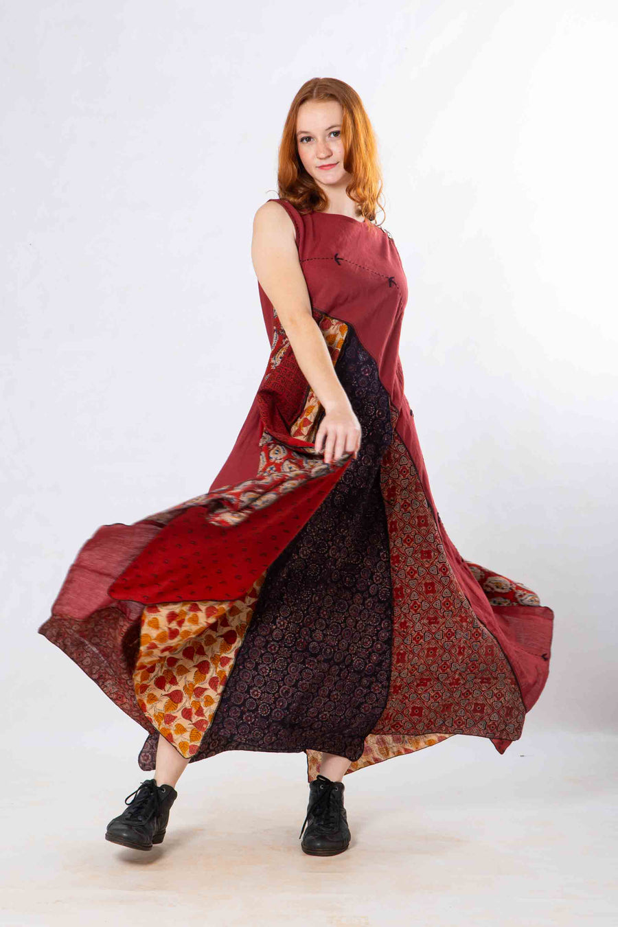Red Panelled Craft Sleeveless Dress