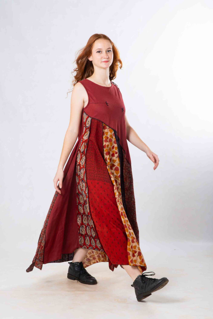 Red Panelled Craft Sleeveless Dress