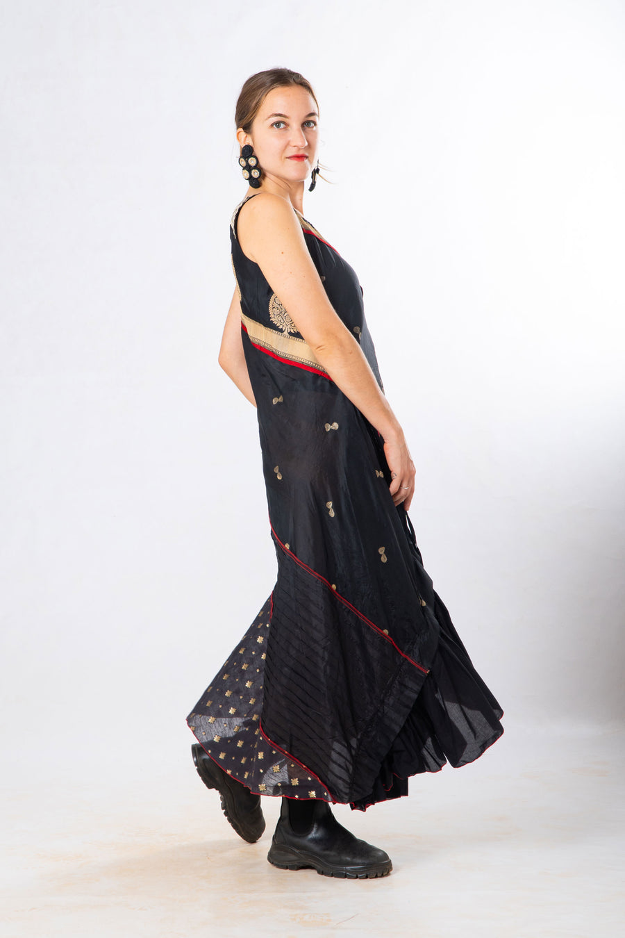 Black Silk Panelled Craft Sleeveless Dress
