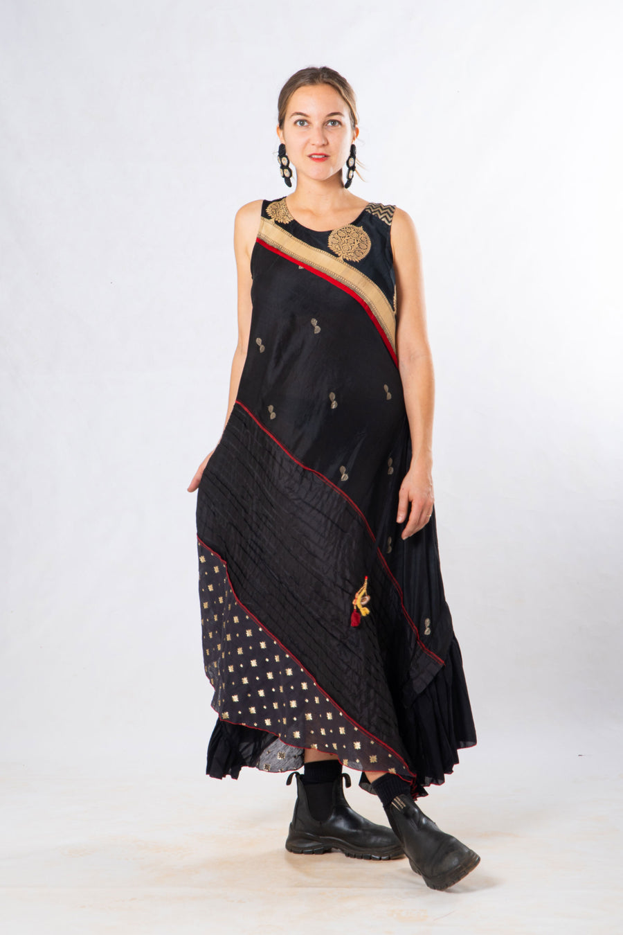Black Silk Panelled Craft Sleeveless Dress