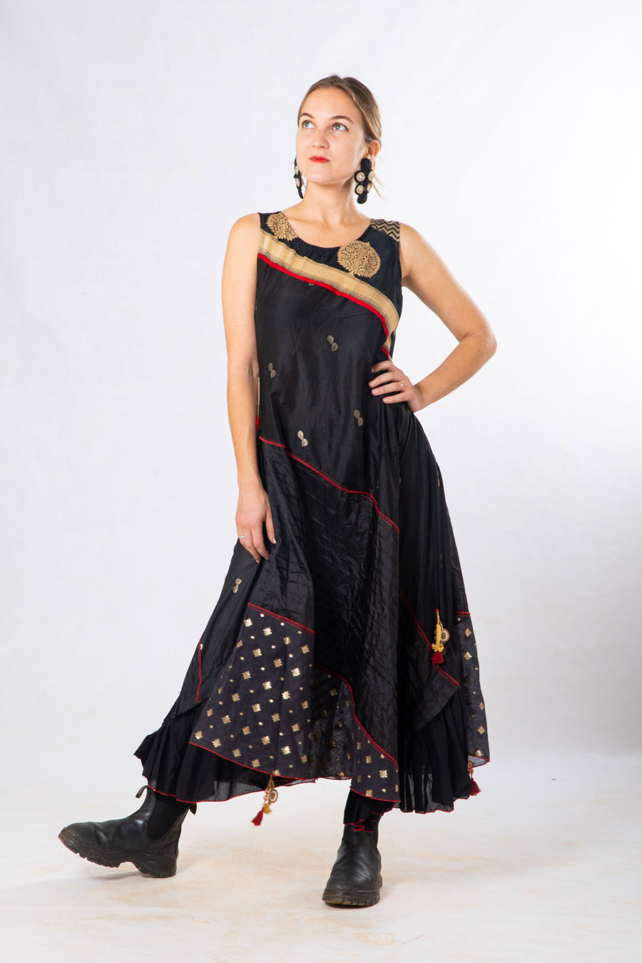 Black Silk Panelled Craft Sleeveless Dress