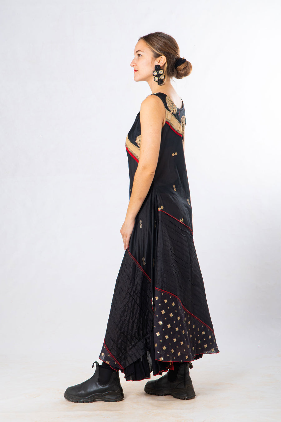 Black Silk Panelled Craft Sleeveless Dress