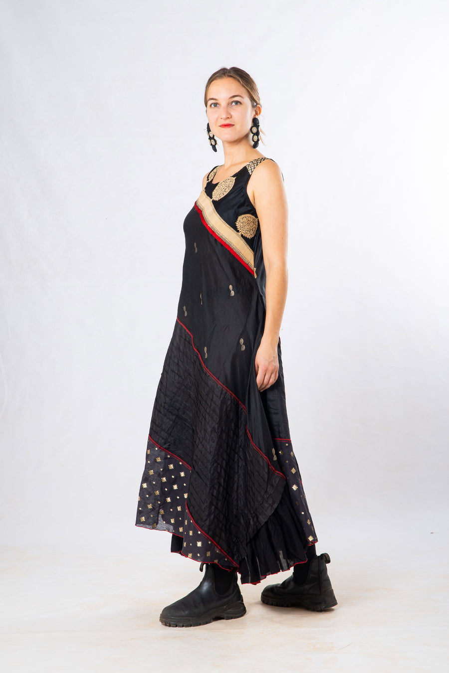 Black Silk Panelled Craft Sleeveless Dress