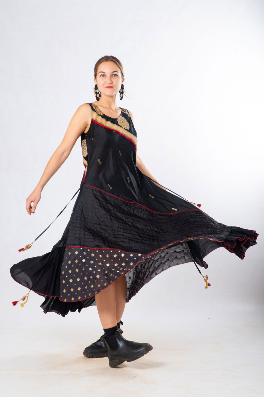 Black Silk Panelled Craft Sleeveless Dress