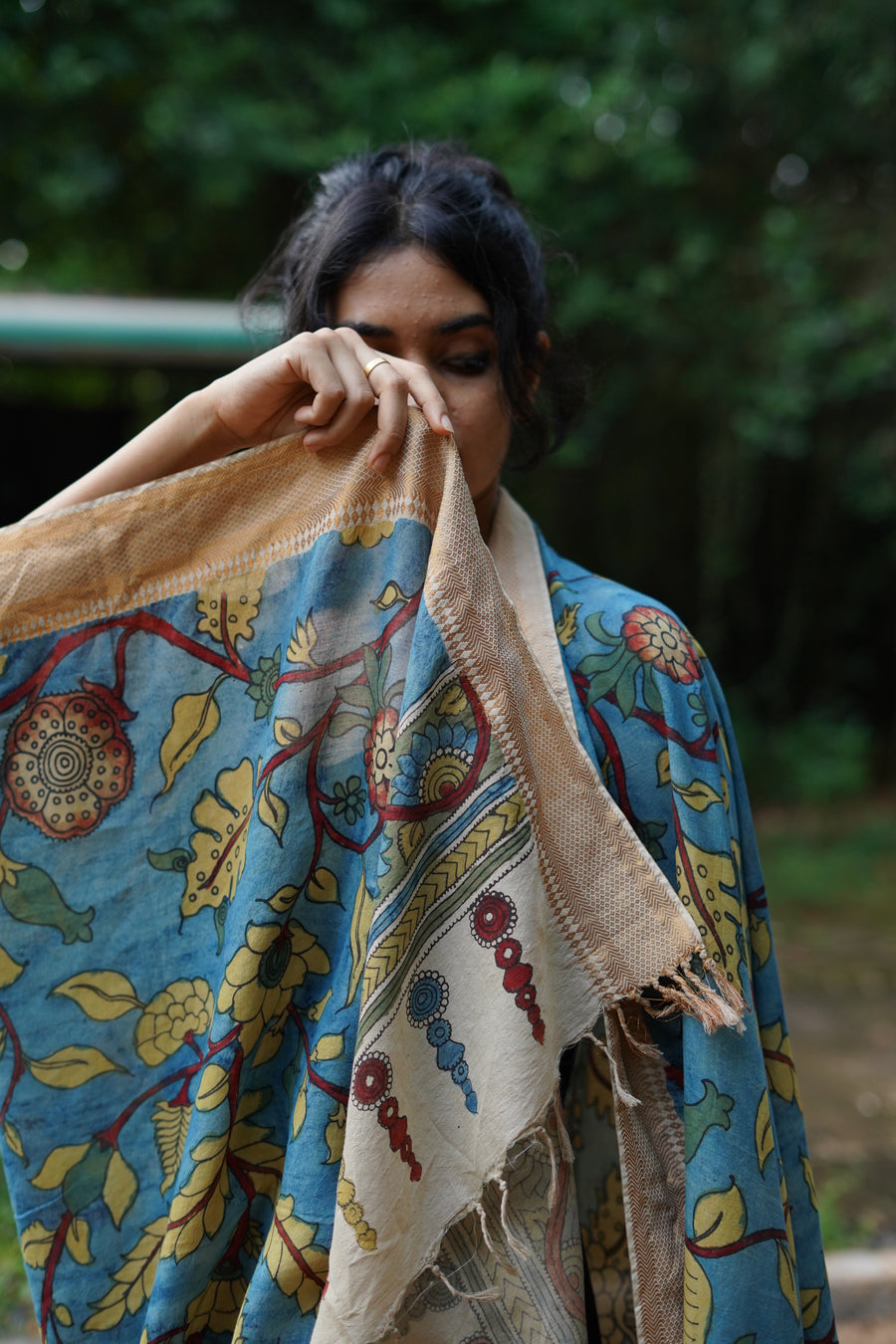 Aqua Blue Hand Painted Kalamkari Scarf with Zari border