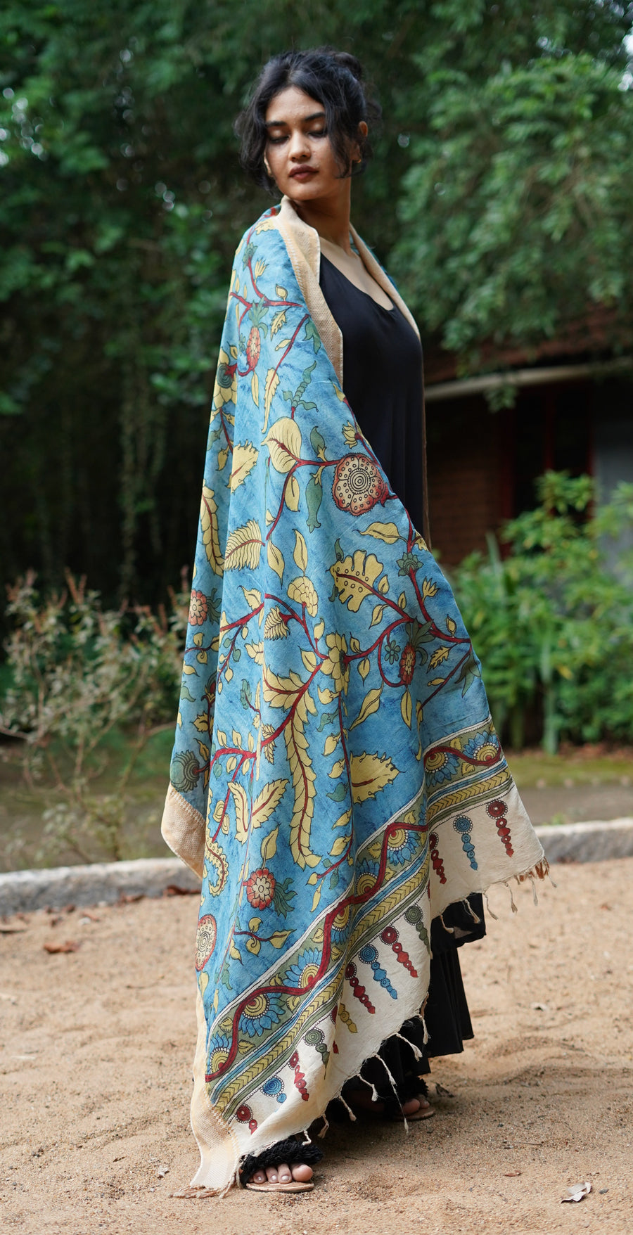 Aqua Blue Hand Painted Kalamkari Scarf with Zari border