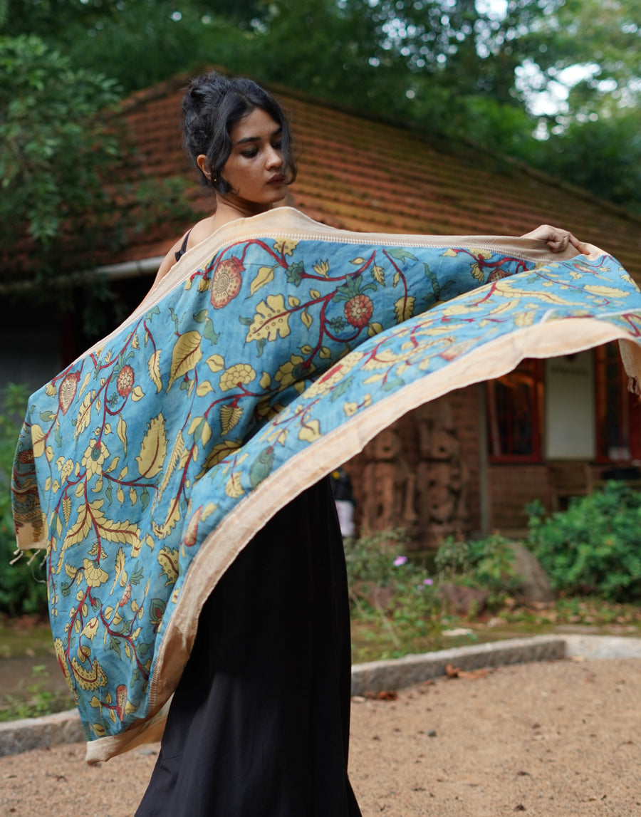 Aqua Blue Hand Painted Kalamkari Scarf with Zari border