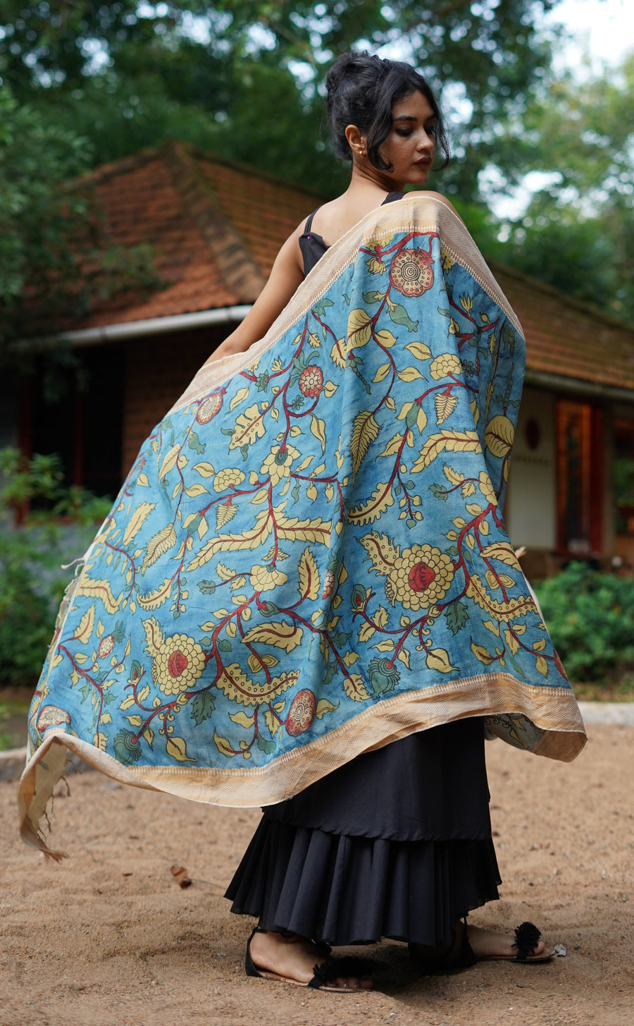 Aqua Blue Hand Painted Kalamkari Scarf with Zari border