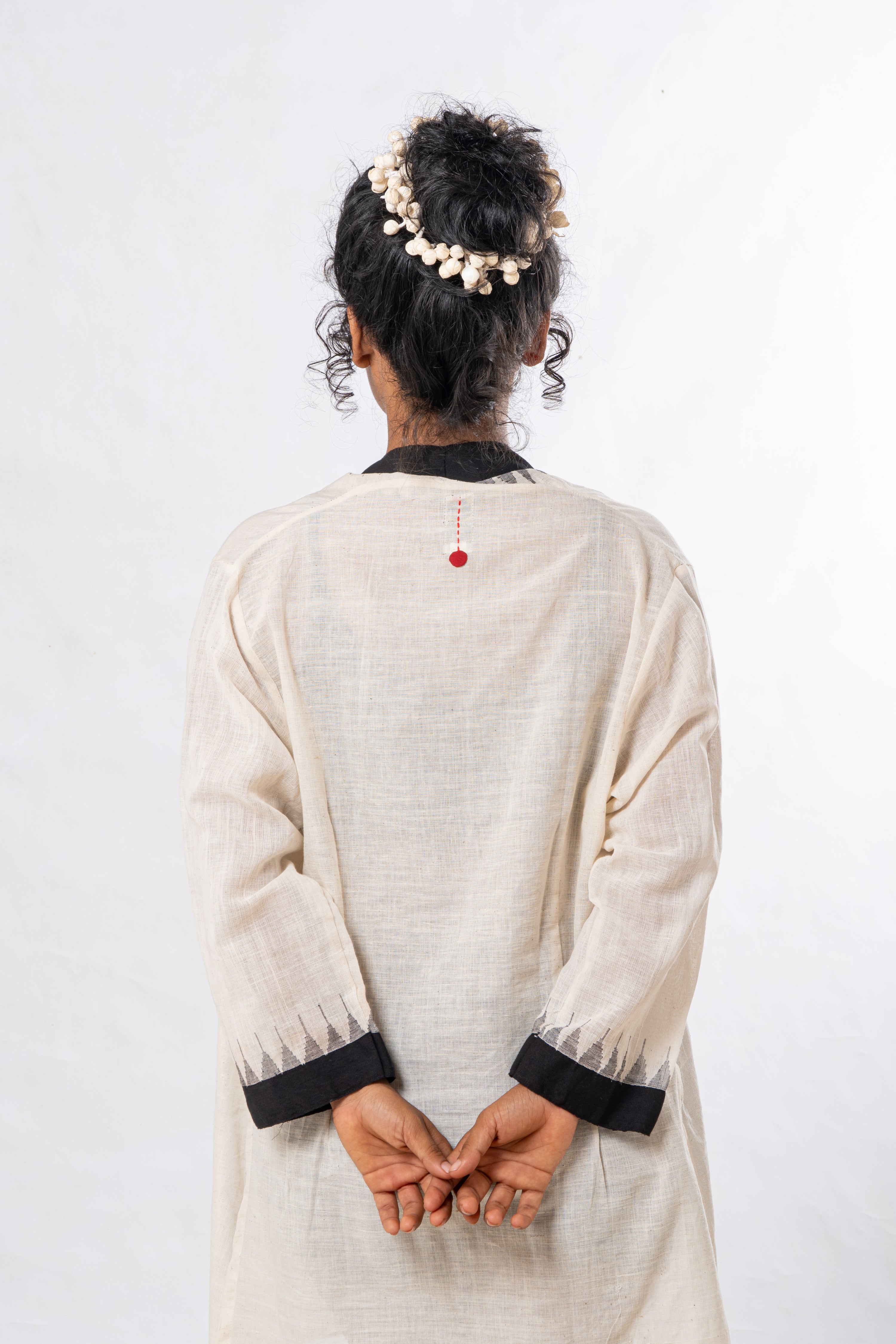 Black Temple Border Khadi Cotton Short Jacket