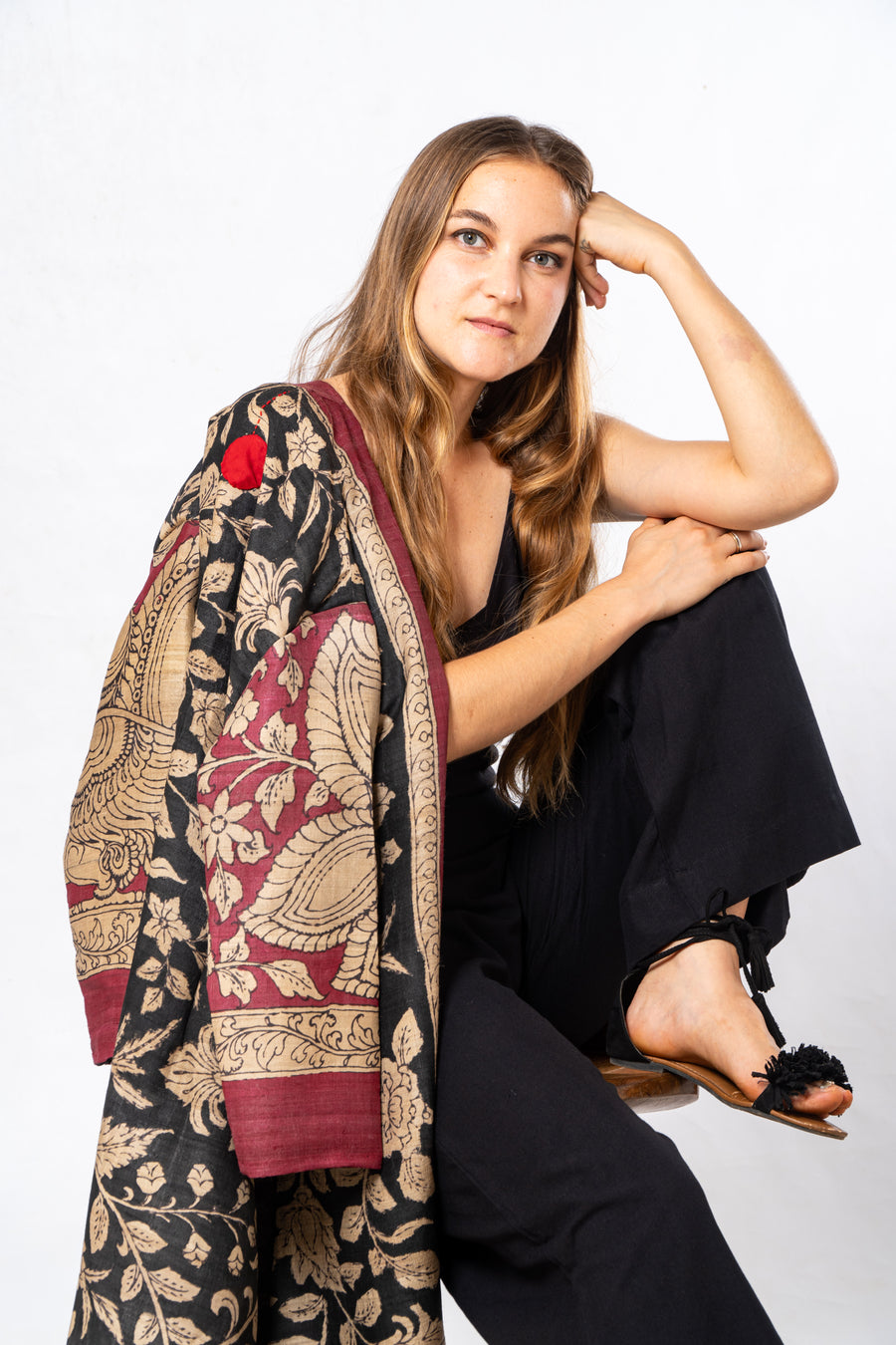 Black Floral Hand Painted Kalamkari Tussar Silk Long Jacket