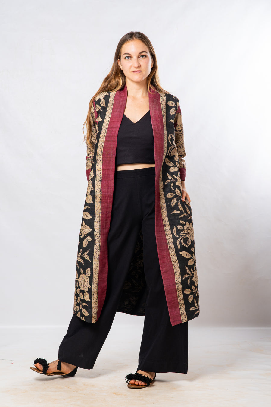 Black Floral Hand Painted Kalamkari Tussar Silk Long Jacket