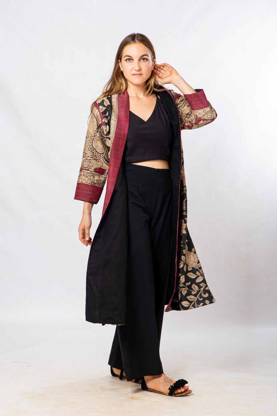 Black Floral Hand Painted Kalamkari Tussar Silk Long Jacket
