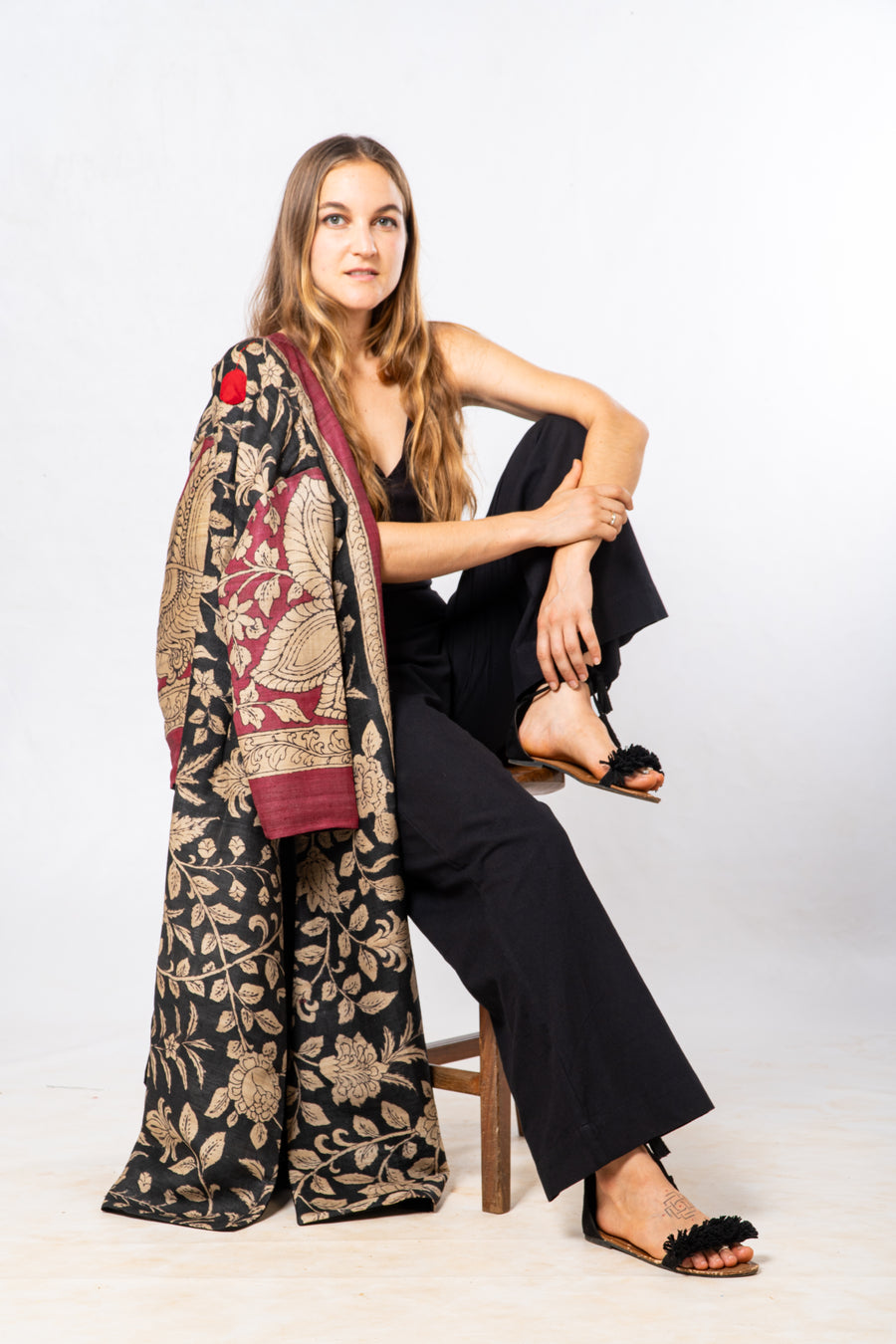Black Floral Hand Painted Kalamkari Tussar Silk Long Jacket