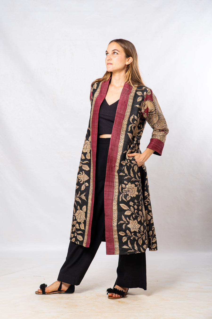 Black Floral Hand Painted Kalamkari Tussar Silk Long Jacket