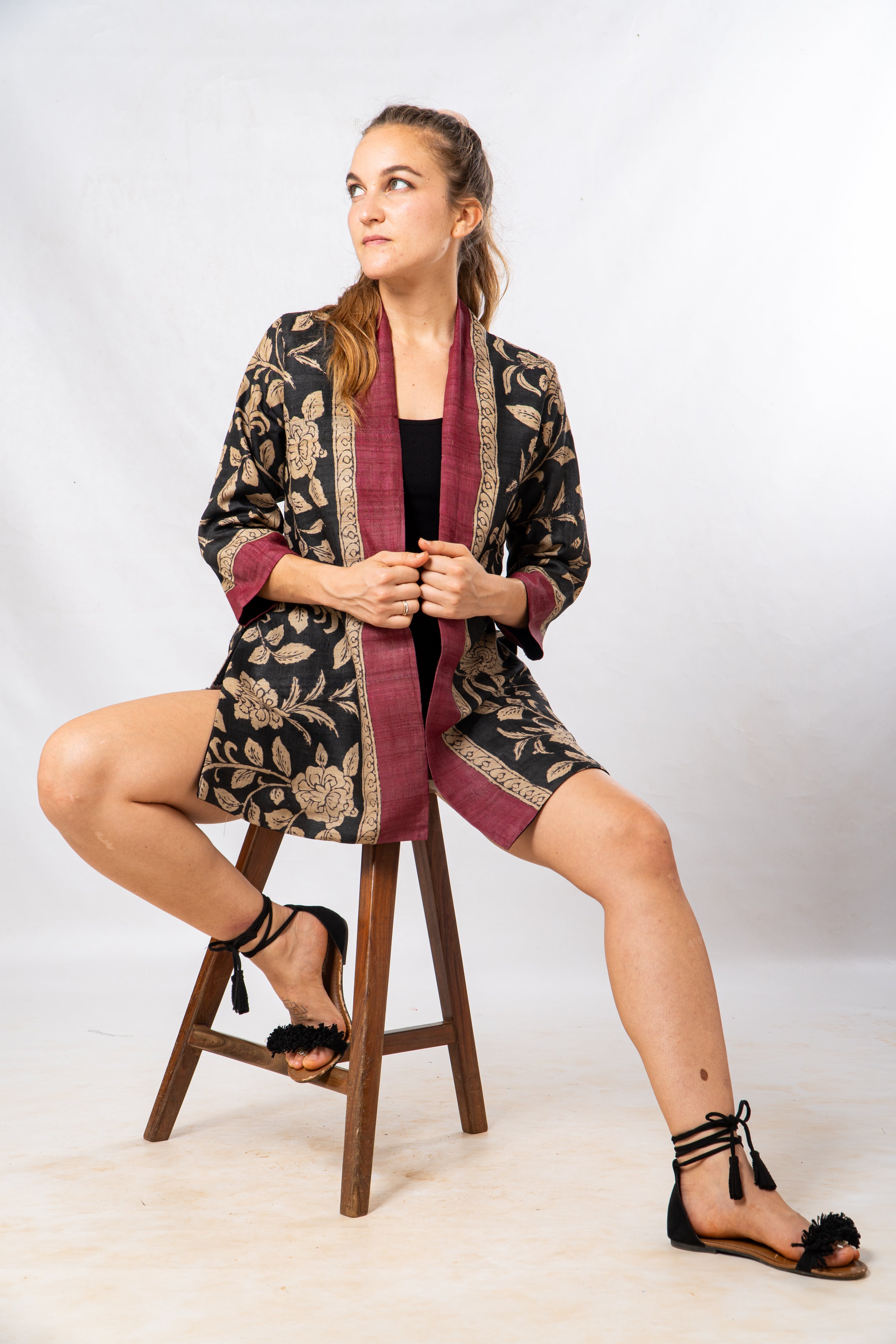Black Floral Hand Painted Kalamkari Tussar Silk Short Jacket