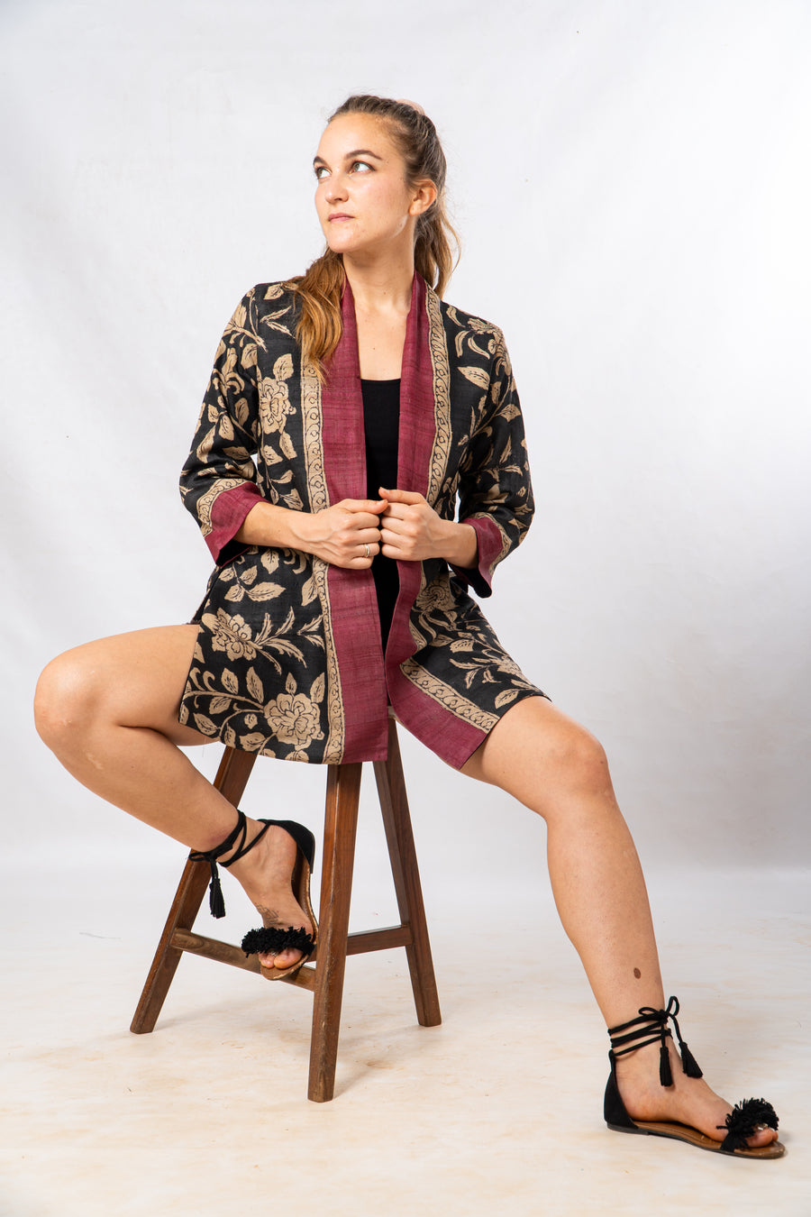Black Floral Hand Painted Kalamkari Tussar Silk Short Jacket