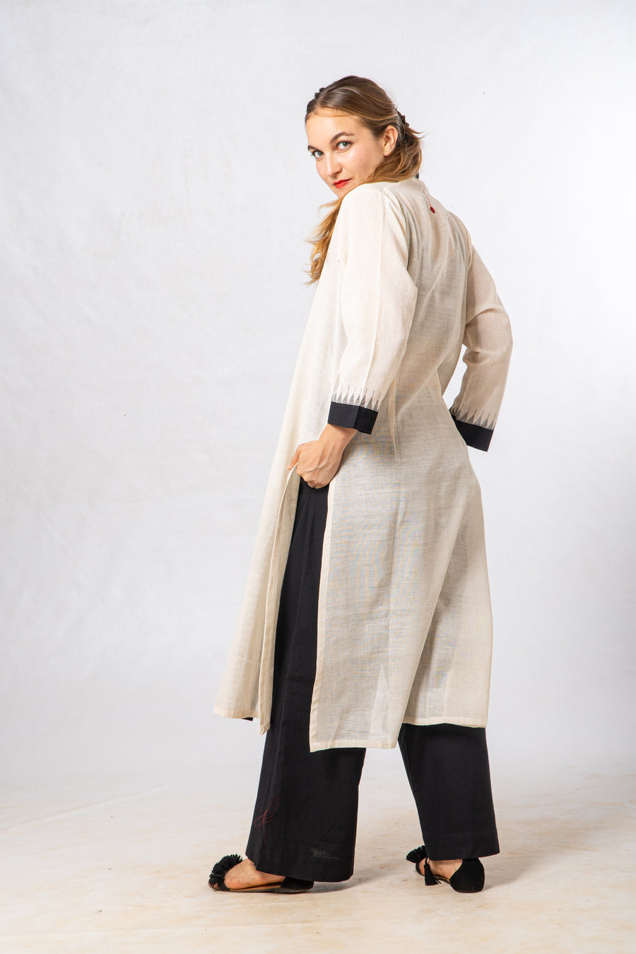 Black Temple Border Khadi Cotton Long Jacket