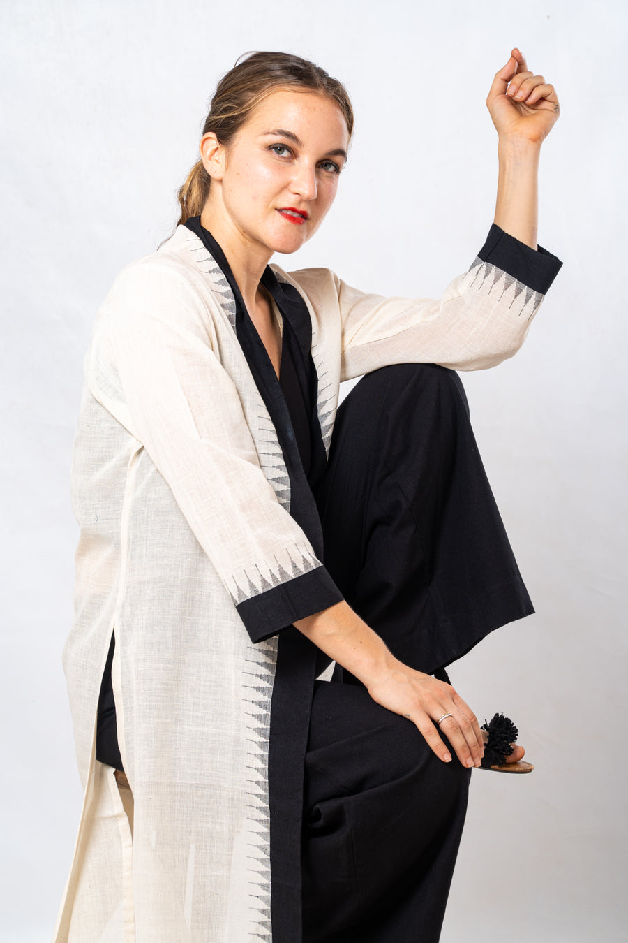 Black Temple Border Khadi Cotton Long Jacket
