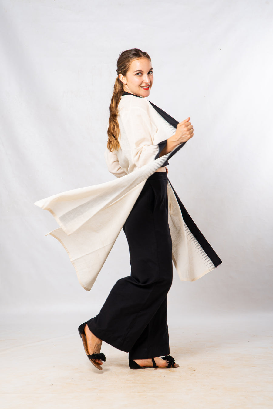 Black Temple Border Khadi Cotton Long Jacket
