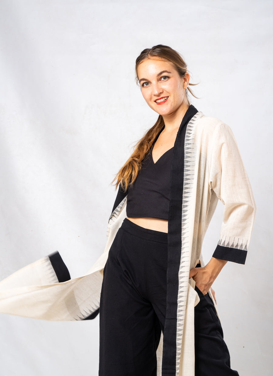 Black Temple Border Khadi Cotton Long Jacket
