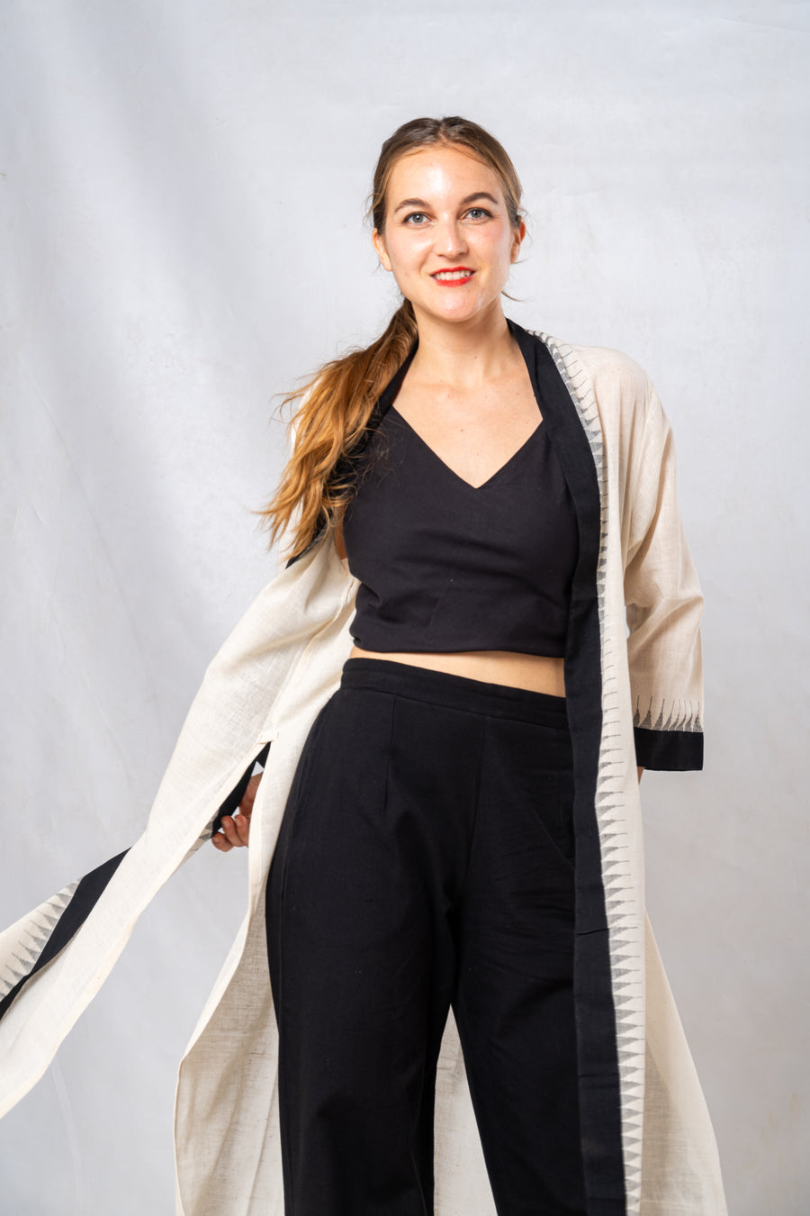 Black Temple Border Khadi Cotton Long Jacket